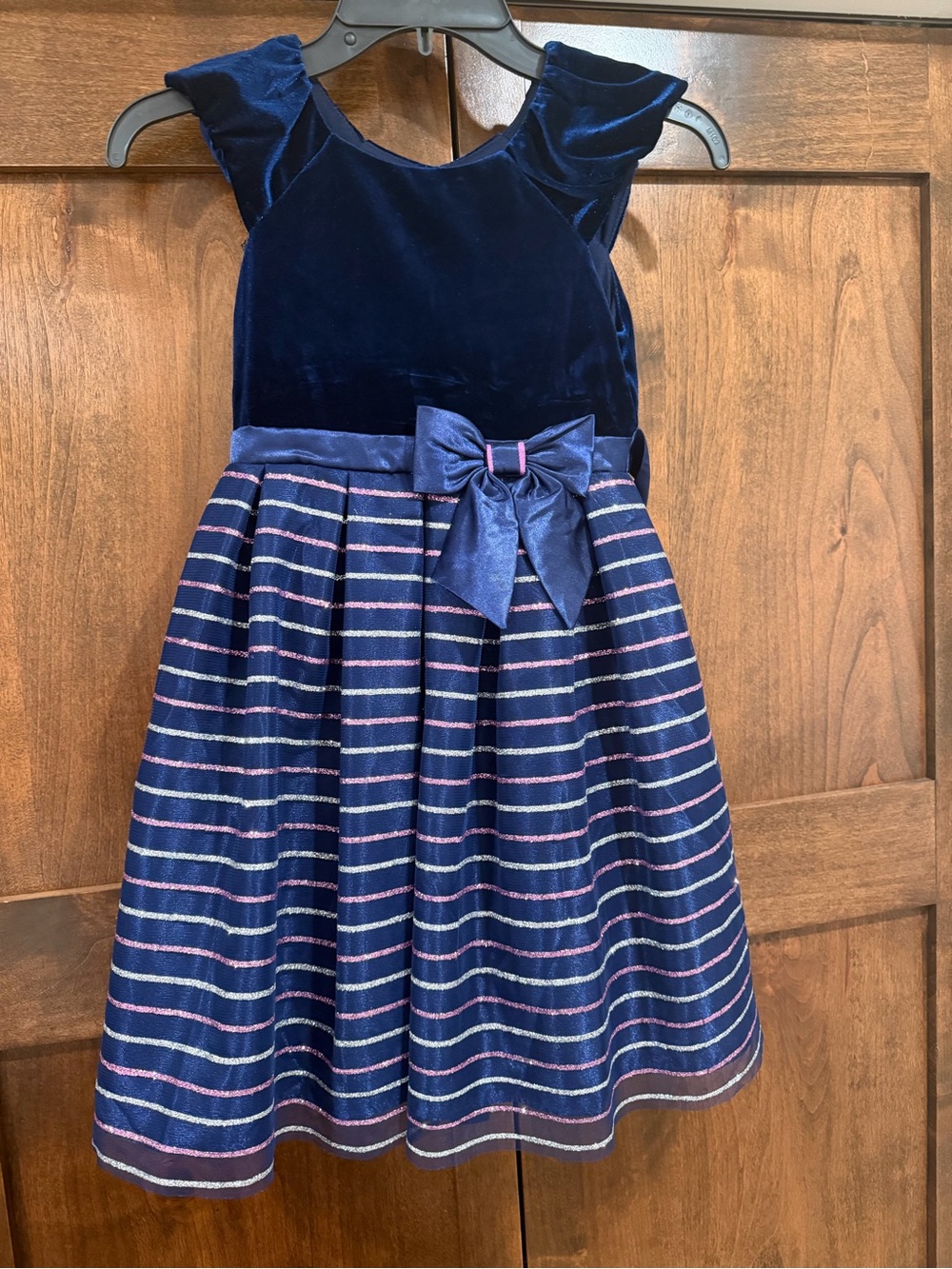 Navy Velvet & Striped Bow Fit-and-Flare Dress Girls Size 6